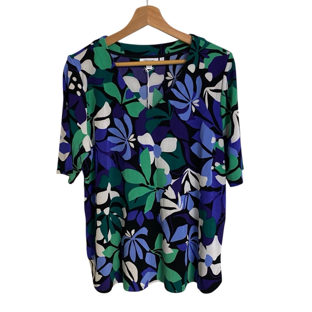 Chico’s Travelers coastline floral V-Neck stretch Top purple nightshade size L